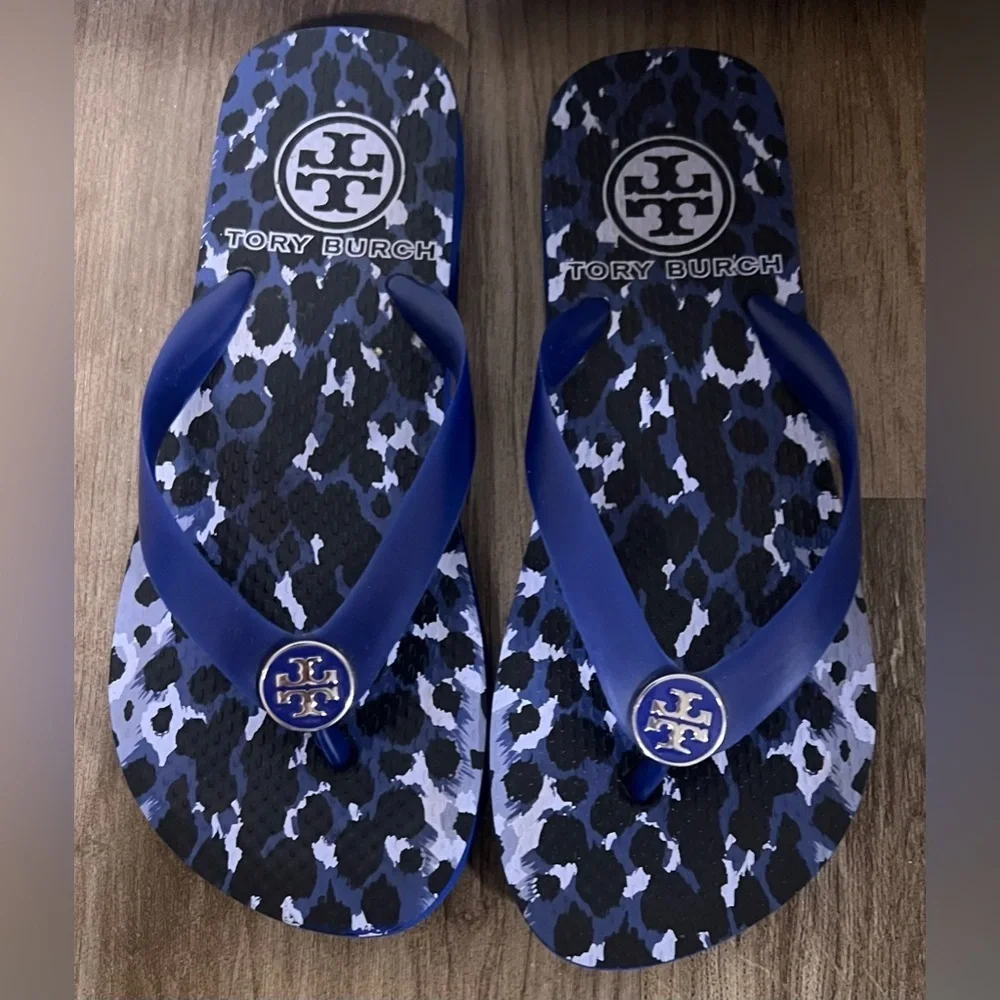 Women's Tory Burch Eva Sole Flip Flops in Blue and Black Leopard Print